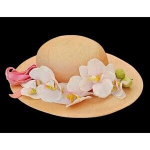 Vintage Adolfo II Wide Brim Straw Floral Hat  Pink Velvet Ribbon White Flowers